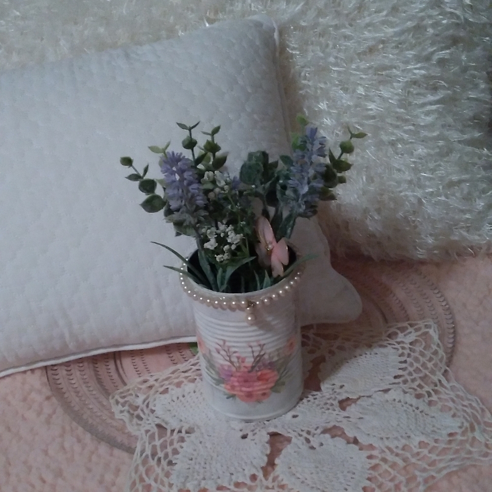 Unique Romantic Shabby Chic Tin Can Vase with Frosted Greenery & Faux Pearls
